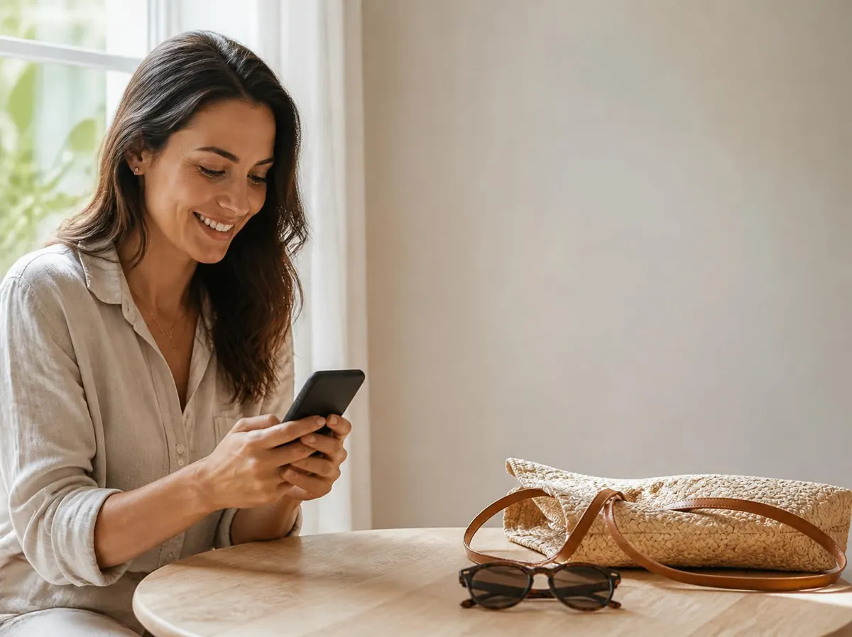 A shopper planning a summer holiday on her phone